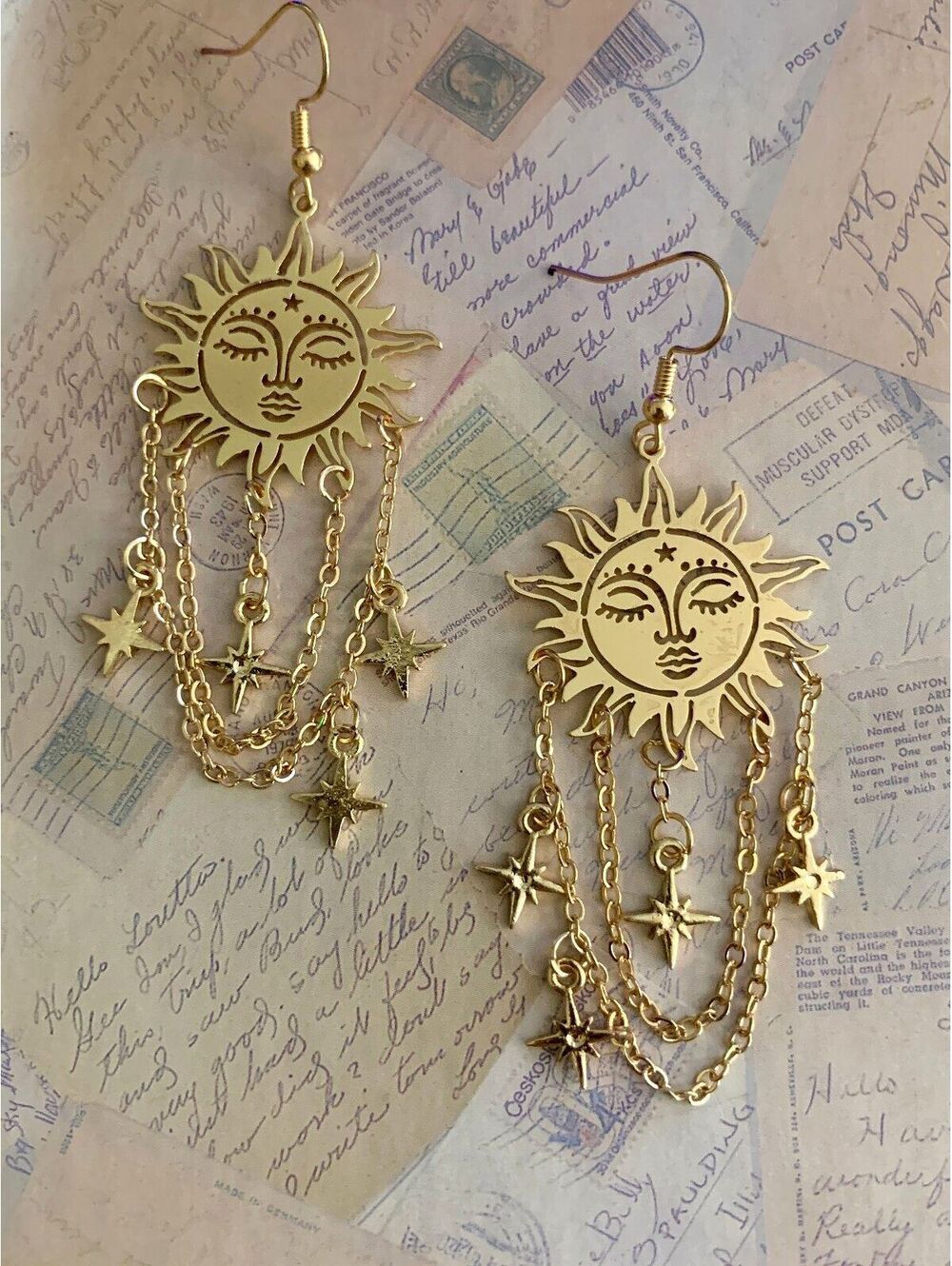 Golden Sun & Star Chain Dangle Earrings - Boho Chic Statement Jewelry